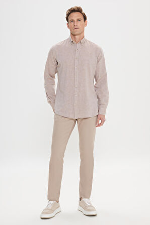 Erkek Camel Comfort Fit Rahat Kesim Düğmeli Yaka Casual Keten Gömlek