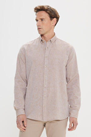 Erkek Camel Comfort Fit Rahat Kesim Düğmeli Yaka Casual Keten Gömlek