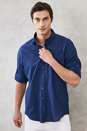 Erkek Indigo Comfort Fit Rahat Kesim Düğmeli Yaka Casual Keten Gömlek