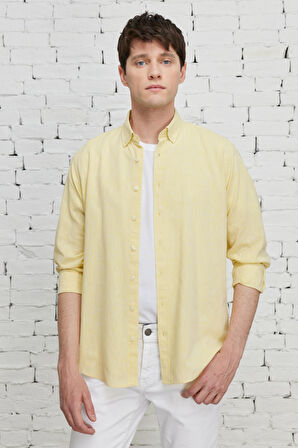 Erkek Sarı Comfort Fit Rahat Kesim Düğmeli Yaka Casual Keten Gömlek