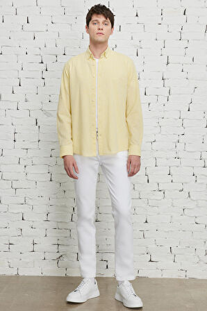 Erkek Sarı Comfort Fit Rahat Kesim Düğmeli Yaka Casual Keten Gömlek