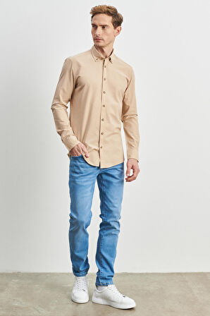 Erkek Bej Slim Fit Dar Kesim Düğmeli Yaka %100 Pamuk Desenli Gömlek