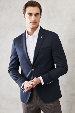 Erkek Lacivert Comfort Fit Rahat Kesim Kırlangıç Yaka Casual Ceket