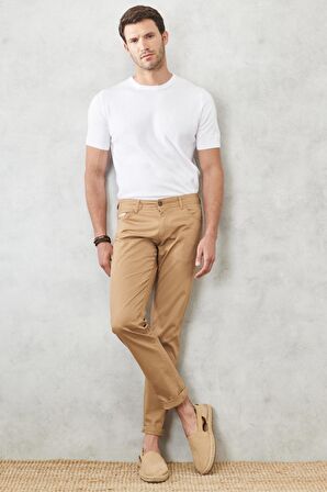 Erkek Camel Slim Fit Dar Kesim 5 Cep Esnek Chino Pantolon