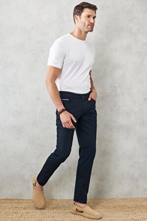 Erkek Lacivert Slim Fit Dar Kesim 5 Cep Esnek Chino Pantolon