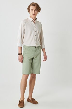 Erkek Yeşil Slim Fit Dar Kesim Armürlü %100 Pamuk Casual Chino Şort