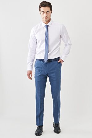 Erkek Mavi Slim Fit Dar Kesim Mono Yaka Desenli Yünlü Takım Elbise