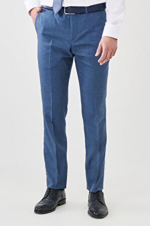 Erkek Mavi Slim Fit Dar Kesim Mono Yaka Desenli Yünlü Takım Elbise