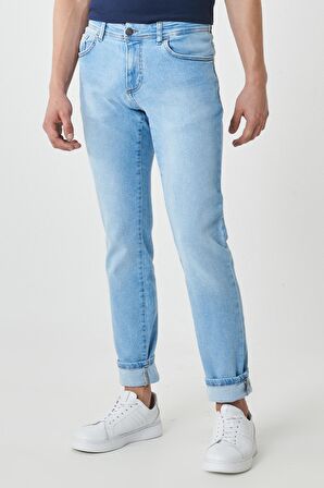 Erkek Buz Mavi Slim Fit Dar Kesim Esnek Denim Jean Kot Pantolon