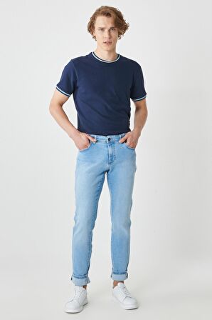 Erkek Buz Mavi Slim Fit Dar Kesim Esnek Denim Jean Kot Pantolon