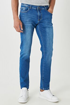 Erkek Mavi Slim Fit Dar Kesim Esnek Denim Jean Kot Pantolon