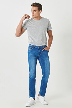 Erkek Mavi Slim Fit Dar Kesim Esnek Denim Jean Kot Pantolon