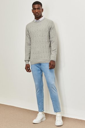 Erkek Buz Mavı Trend Slim Fit Dar Kesim Pamuklu Esnek Denim Jean Kot Pantolon