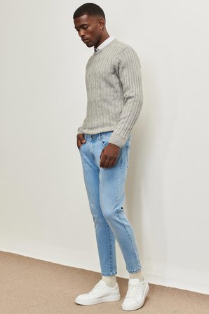 Erkek Buz Mavı Trend Slim Fit Dar Kesim Pamuklu Esnek Denim Jean Kot Pantolon