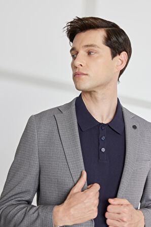 Erkek Antrasit Slim Fit Dar Kesim Mono Yaka Armürlü Klasik Takım Elbise