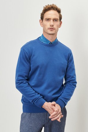 Erkek Indigo Standart Fit Normal Kesim Bisiklet Yaka Triko Kazak