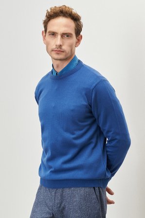 Erkek Indigo Standart Fit Normal Kesim Bisiklet Yaka Triko Kazak