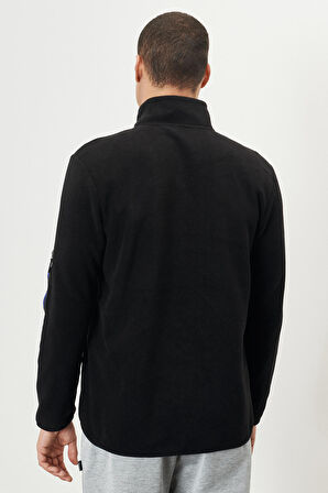 Erkek Siyah Standart Fit Normal Kesim Bato Yaka Kolda Fermuar Detaylı Isı Koruyan Sweatshirt Polar