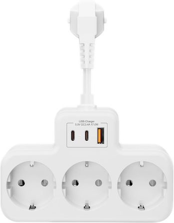 Yüksek Voltaj Korumalı Priz, Duvar Tipi Kısa Kablolu Priz Çoğaltıcı, 3x Soket, 2x Type-C, 1x Usb, 16A, 3680W, 1050 Joule, Çocuk Korumalı, Isıya Dayanıklı Yapı (Beyaz)