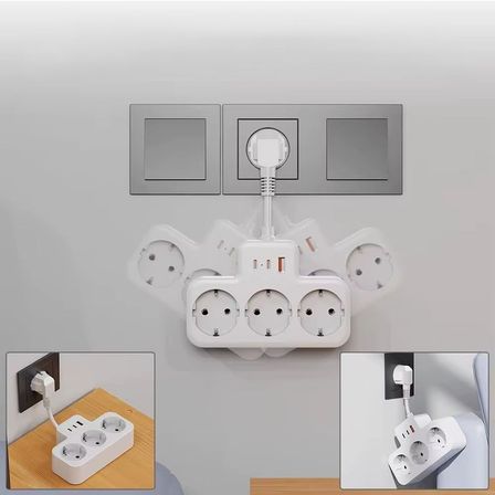 Yüksek Voltaj Korumalı Priz, Duvar Tipi Kısa Kablolu Priz Çoğaltıcı, 3x Soket, 2x Type-C, 1x Usb, 16A, 3680W, 1050 Joule, Çocuk Korumalı, Isıya Dayanıklı Yapı (Beyaz)