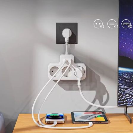 Yüksek Voltaj Korumalı Priz, Duvar Tipi Kısa Kablolu Priz Çoğaltıcı, 3x Soket, 2x Type-C, 1x Usb, 16A, 3680W, 1050 Joule, Çocuk Korumalı, Isıya Dayanıklı Yapı (Beyaz)