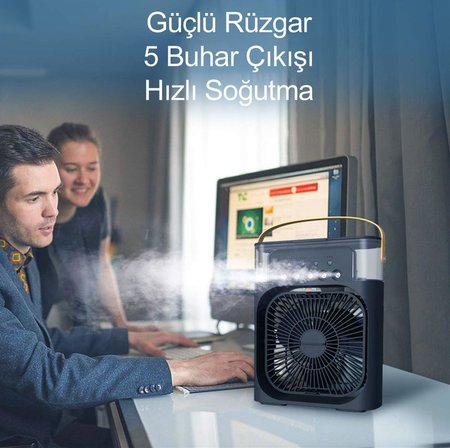 Mini Buharlı Hava Soğutucu, Taşınabilir Portatif Klima, Mobil Sulu Klima, 3 Rüzgar Hızı, 3 Sis Modu, Buzlu Vantilatör 5 Sprey Delikli ile Renkli LED Işıklı Siyah Renk - HR025 (Siyah)