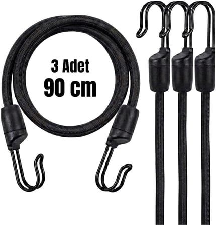 Kancalı Bagaj Gergi Lastiği - Paslanmaz Çelik Çift Kancalı, Motor ve Bisiklet Sabitleme Lastiği - 3 Adet (Siyah, 90cm)