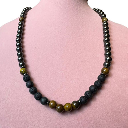 Uretti - Özlem 9422 3912 El Yapımı Lav Taşı - Hematit ve Kaplan Gözü Doğal Taş Kolye