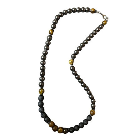 Uretti - Özlem 9422 3912 El Yapımı Lav Taşı - Hematit ve Kaplan Gözü Doğal Taş Kolye