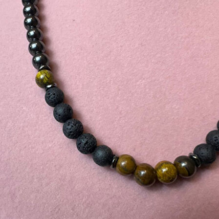 Uretti - Özlem 9422 3912 El Yapımı Lav Taşı - Hematit ve Kaplan Gözü Doğal Taş Kolye