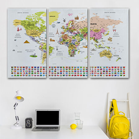 Harita Sepeti Türkçe Dünya Haritası Ayrıntılı Eğitici Sembollü Bayraklı Dekoratif Kanvas Tablo 2850