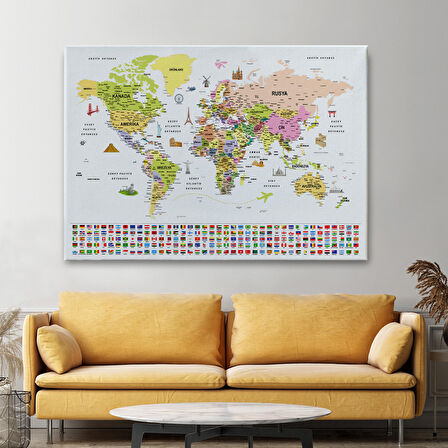 Harita Sepeti Türkçe Dünya Haritası Ayrıntılı Eğitici Sembollü Bayraklı Dekoratif Kanvas Tablo 2850