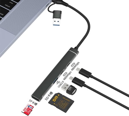 CHB025 USB-A ve Type-C Girişli 2*Type-C 1*USB-A SD Micro SD TF Kart Okuyucu Çoklayıcı Dönüştürücü