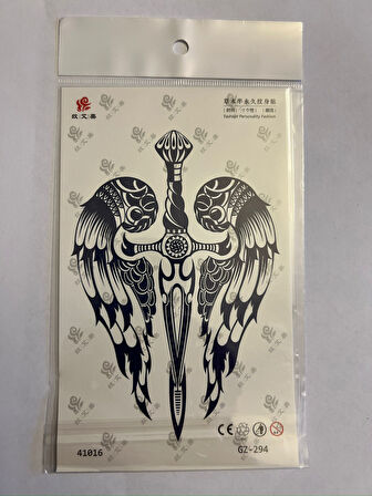 Kanatlı Kılıç 18x11 cm  1 Aylık Yarı Kalıcı Yapıştırma Geçici Dövme
