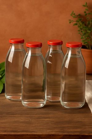 4 Adet 1 Litre Şeffaf Sürahi Süt, Ayran, Su, Limonata, Meşrubat Şişesi Plastik Kapaklı Cam Şişe