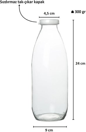 4 Adet 1 Litre Şeffaf Sürahi Süt, Ayran, Su, Limonata, Meşrubat Şişesi Plastik Kapaklı Cam Şişe
