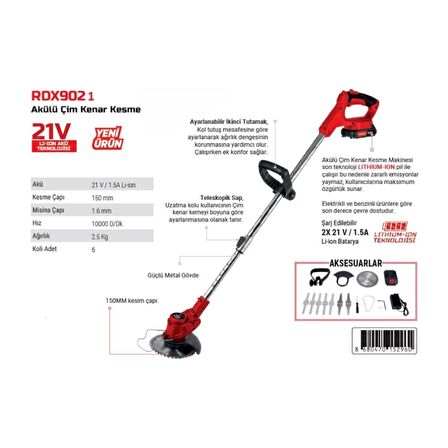 Rodex RDX9021 Akülü Çim Kenar Kesme Makinası