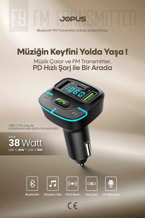 Bluetooth FM Transmitter Araç Kiti, Hızlı Şarj, USB, Type-C, HD Mikrofon, 9914