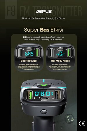 Bluetooth FM Transmitter Araç Kiti, Hızlı Şarj, USB, Type-C, HD Mikrofon, 9914