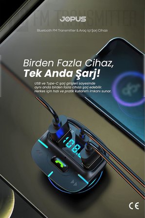 Bluetooth FM Transmitter Araç Kiti, Hızlı Şarj, USB, Type-C, HD Mikrofon, 9914