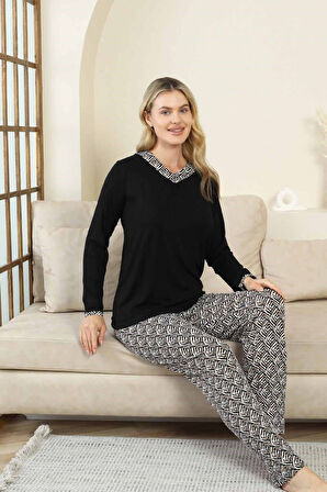 Kadın Düğmesiz V Yaka Siyah Etnik Desenli 3 Düğmeli Likralı Bambu Mevsimlik Uzun Kol Pijama Takımı