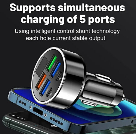 Dijital Ekran Araç Şarj Cihazı 4USB, Çift 3.1A, Süper Şarj, QC9.0 55W, Hızlı Şarj, PD, Cep Telefonu Şarj Cihazı, Araç Şarj Cihazı,