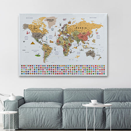 Harita Sepeti Dünya Haritası Ayrıntılı Eğitici Sembollü Bayraklı Dekoratif Kanvas Tablo 2853