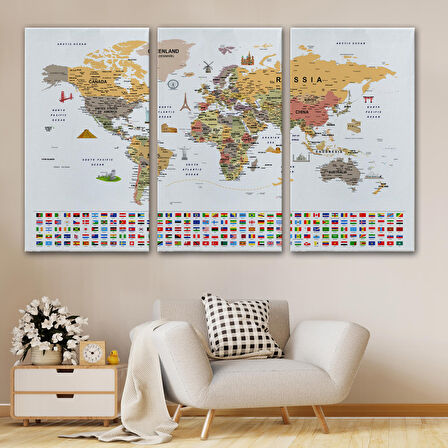 Harita Sepeti Dünya Haritası Ayrıntılı Eğitici Sembollü Bayraklı Dekoratif Kanvas Tablo 2853