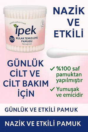 Kulak Çubuğu Pamuğu –%100 Hidrofil Pamuk – Güvenli ve Hijyenik Kullanım – Esnek Çubuk Yapısı – Makyaj Düzeltme ve Temizlik İçin İdeal – CE Belgeli – Made in Türkiye (200 ADET)