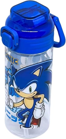 500ml Sonic Temalı Desenli Yumuşak Silikon Pipetli Kulplu Kilitlenebilir Su Matarası