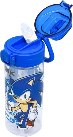 500ml Sonic Temalı Desenli Yumuşak Silikon Pipetli Kulplu Kilitlenebilir Su Matarası