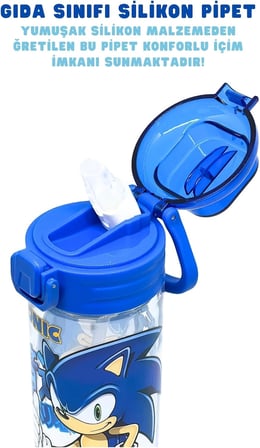 500ml Sonic Temalı Desenli Yumuşak Silikon Pipetli Kulplu Kilitlenebilir Su Matarası