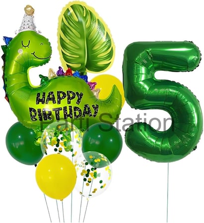 Yeşil Dinozor Temalı 5 Yaş Folyo Balon Seti Doğum Günü Dekorasyonu