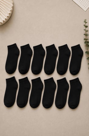 12 Çift Siyah Patik Unisex Çorap | Pamuklu, Nefes Alan, Terletmeyen